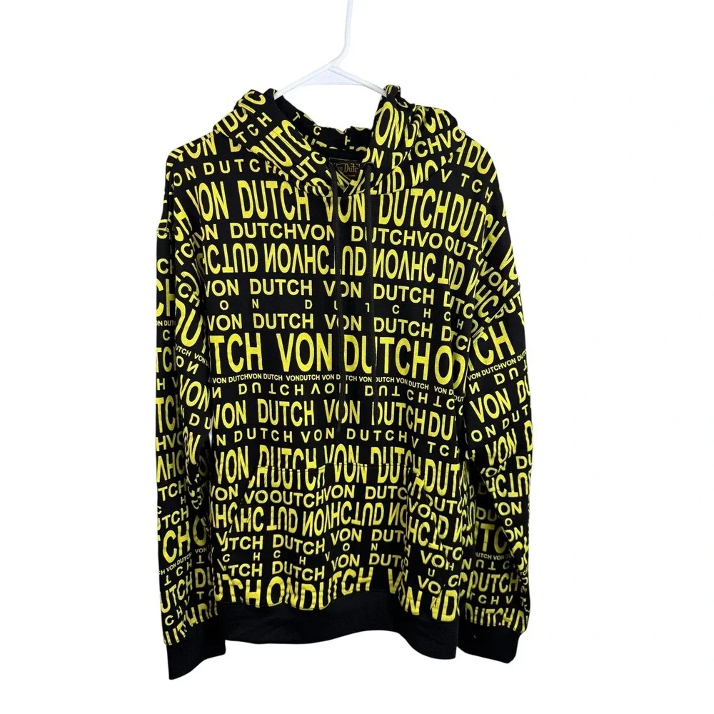 Von Dutch Hoodie‎ Mens Large Black Yellow All Over Logo Print Full Zip Paris